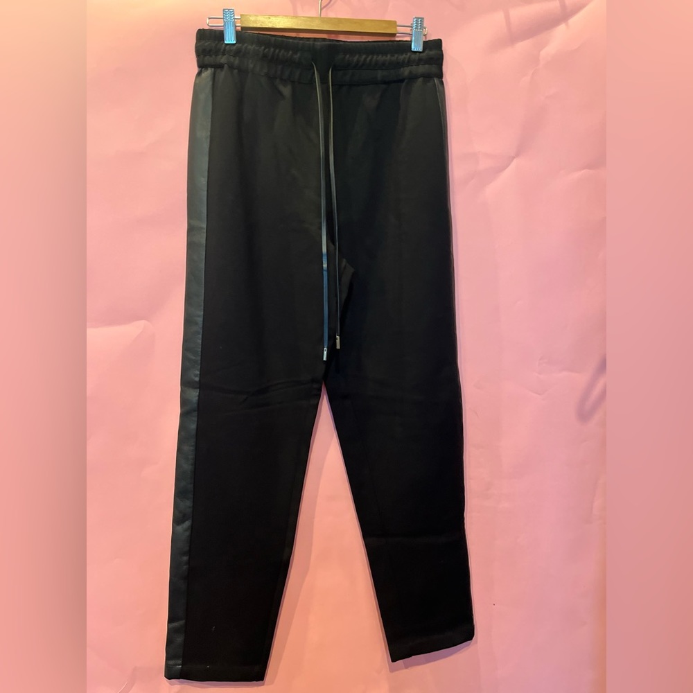 Black drawstring leather stripe pants. Size small. BCBGMaxAzria